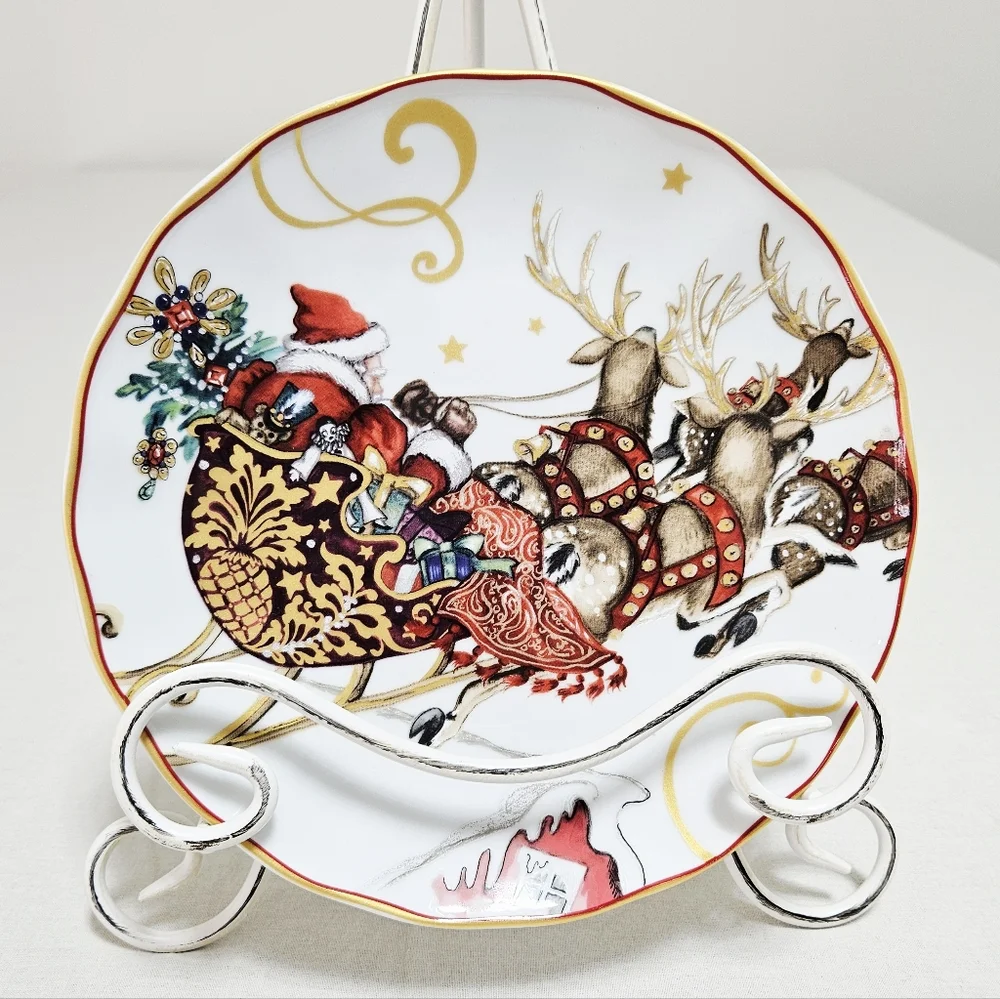 Williams Sonoma Twas The Night Before Christmas Plate‎ Santa Holiday Gold Red 8